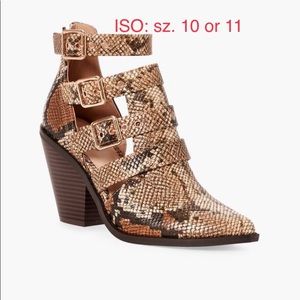 ISO: JustFab Posie brown snakeskin western buckle boot size 10 or 11